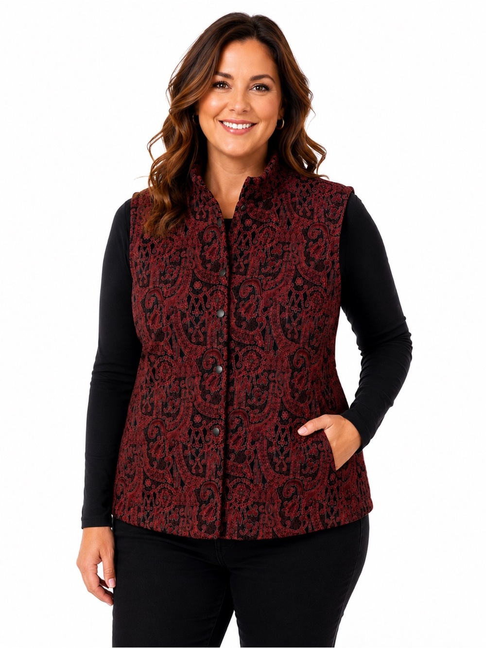 Coldwater Creek Red and Black Textured Cardigan-Style Jacket